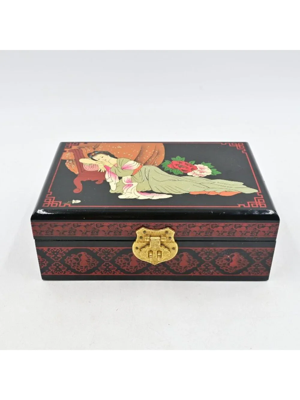 Chinese Black Lacquer Jewelry Box Vintage Hand Painted Reclining Lady Mirror